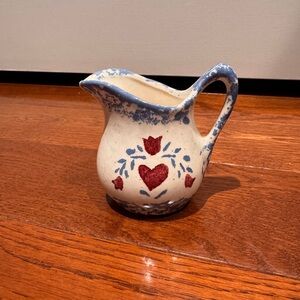 Hand-Painted Heart & Tulip Ceramic Pitcher in Cream and Blue
